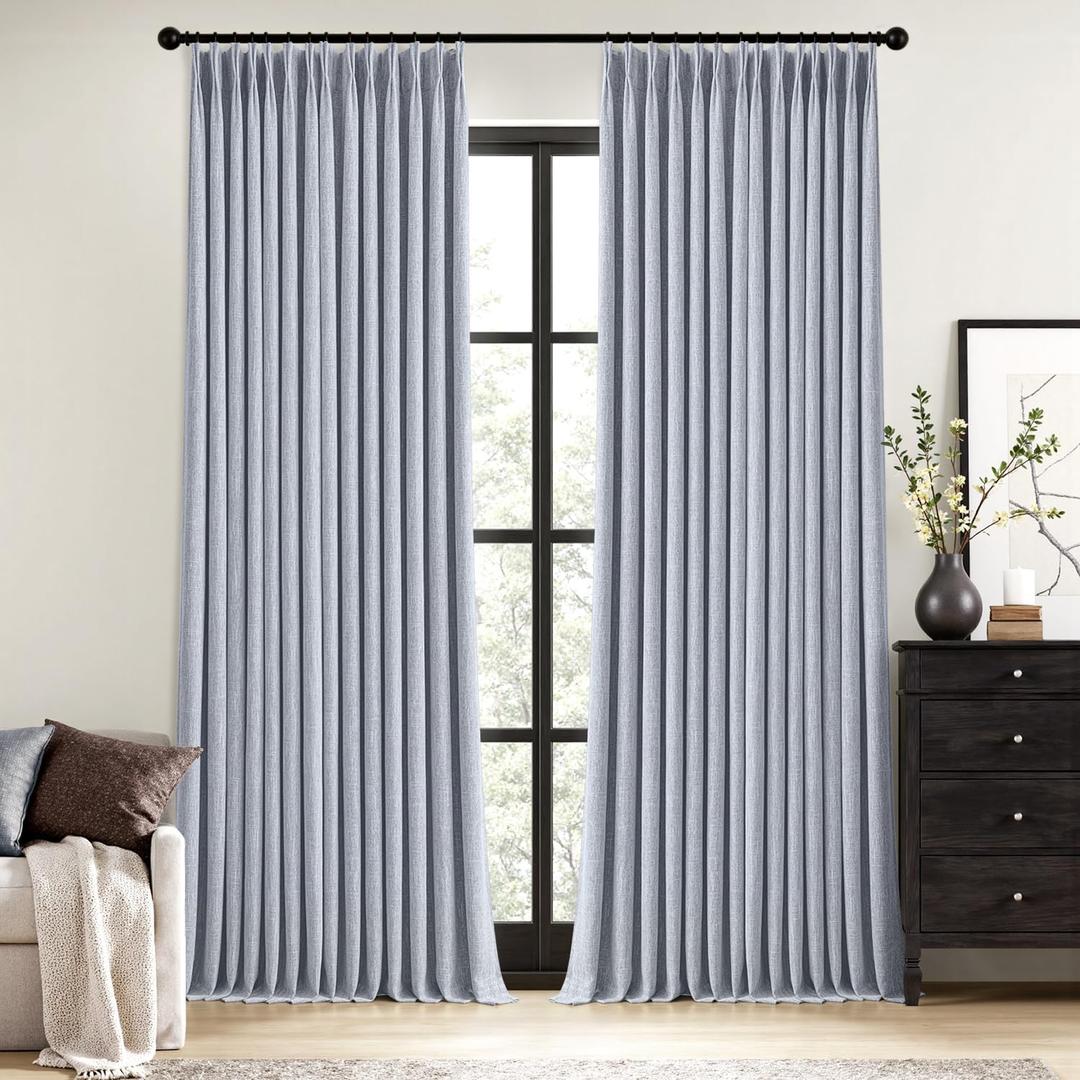 MIULEE Chambray Blue Pinch Pleated 100% Blackout Linen Curtains for Bedroom, Room Darkening Memory Trained Light Blocking Window Curtain 84 inches Long for Living Room, Black Out Pleat Drape, 2 Panels