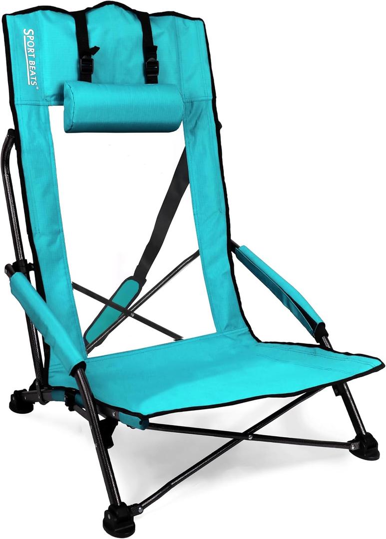 Beach Chairs for Adults Teal 1 Pack | High Back, Low Profile, 22.5" Wide, Headrest, Breathable Mesh, Portable, Outdoor, Beach, Concert, 22 inches x 17 inches x 34 inches