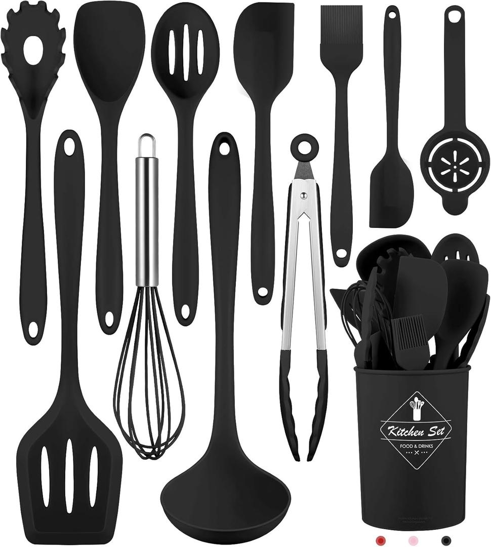 Kitchen Utensils Set-12 Pieces Silicone Cooking Utensils Set Dishwasher Safe 392F Heat Resistant Spatula Set Nonstick Cookware (Black)