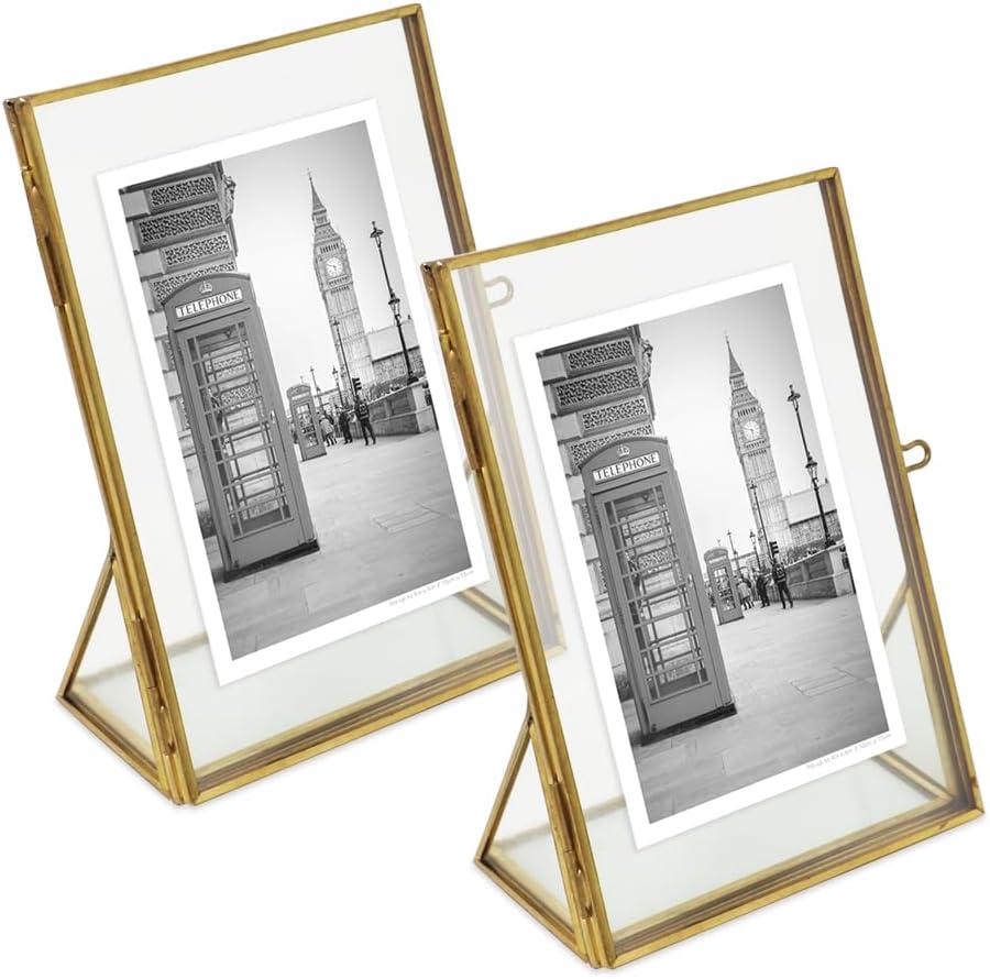 Isaac Jacobs 4x6, Antique Gold, Vintage Style Brass and Glass, Floating Photo Frame, Metal, (Vertical), with Locket Closure and Angled Base, for Pictures, Art, Mementos, Keepsakes, 2 Pack (4x6, Antique Gold)