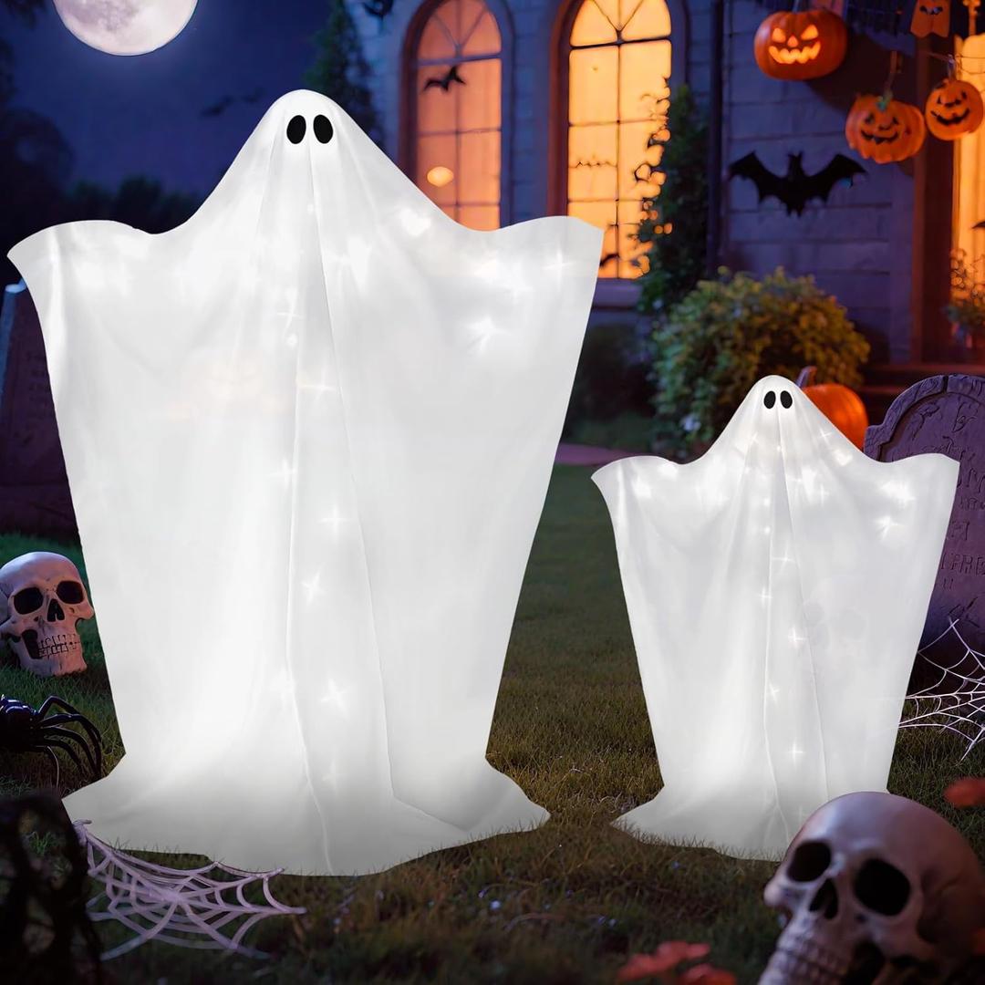 2 Pack Halloween Ghosts Outdoor Large 60'' & 36'' White Outdoor Ghost Decorations with String Lights Scary Ghosts Halloween Decorations Light Up Ghost Kit for Garden Porch Yard Party (White)