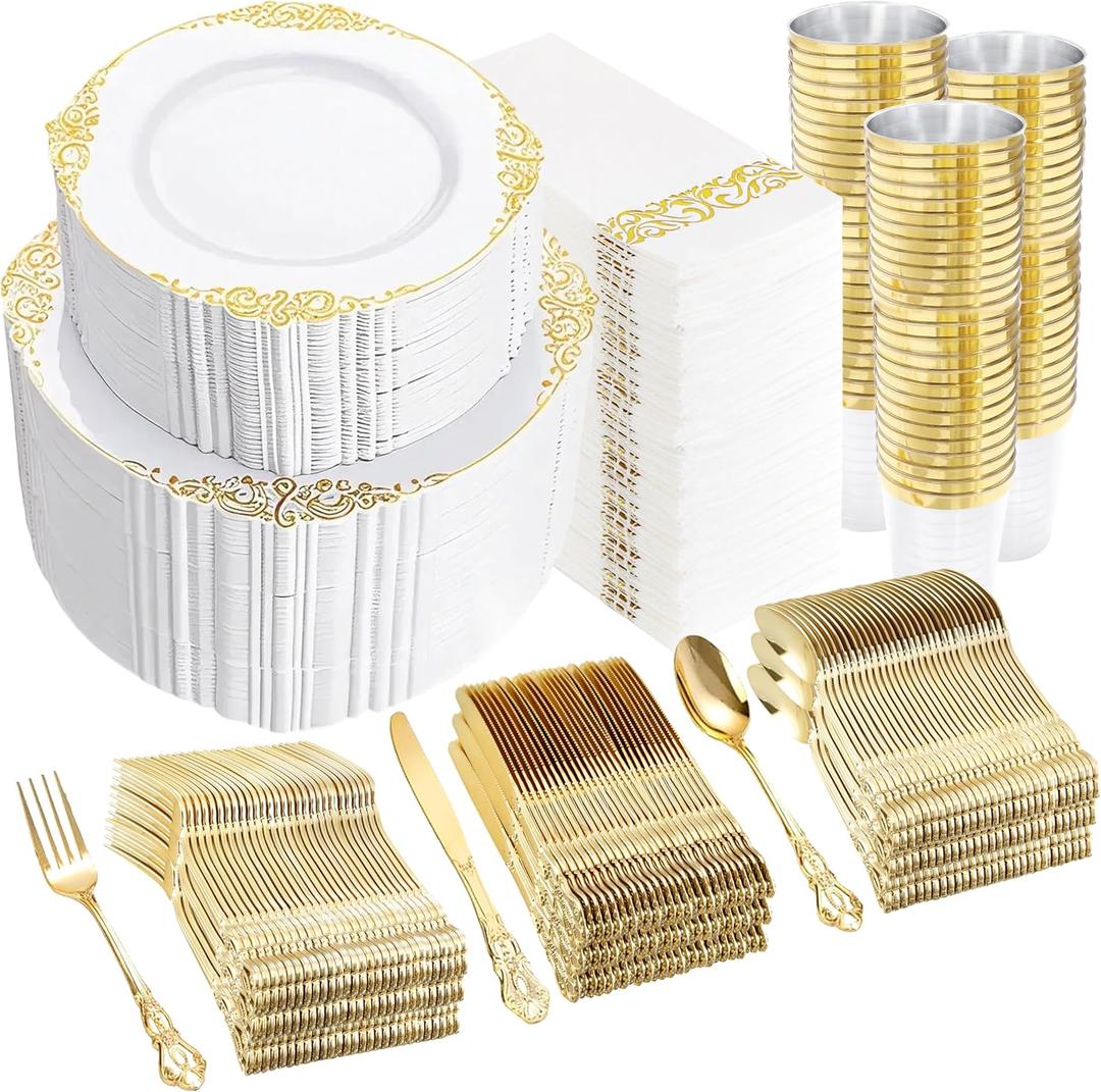 YOUBET 700PCS Gold Plastic Dinnerware Set - White and Gold Disposable Plates for 100 Guest - 200 Disposable Plates, 300 Heavy Duty Plastic Silverware, 100 Cups,100 Napkins for Wedding Party Graduation