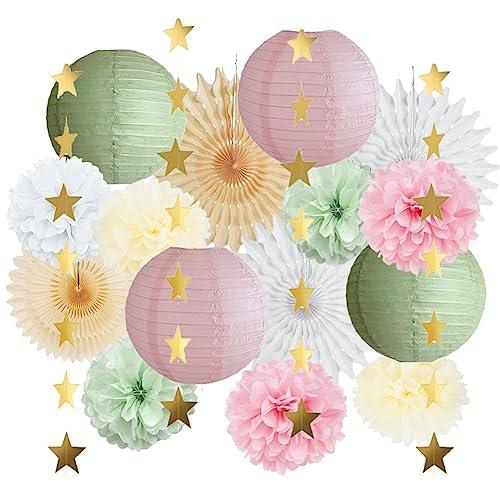 Sage Green and Pink Party Decorations Paper Lanterns Decorative Pink Gold Tissue Paper Pom Poms Sage Green Party Decorations Gold Star Garland for Baby Shower Bridal Shower Birthday Wedding Engagement