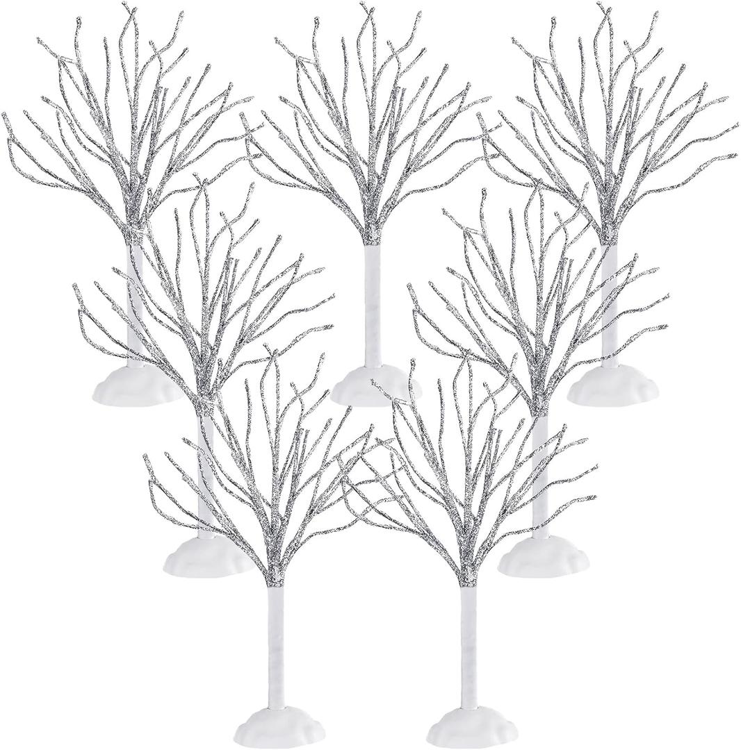 Xinnun 7 Pcs Mini Christmas Decor Trees Snow Covered Branch Village Winter Model Trees, Artificial Displays Tree, Bare Branch Tree for Holiday Decorations Accessory Figurine Fairy Tale Garden(White)