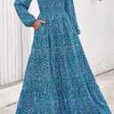 PRETTYGARDEN Women's Fall Dresses 2026 Long Sleeve Flowy Casual Floral Maxi Dress Crew Neck Smocked Tiered Long Dress (Blue, M)