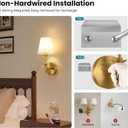 WOSHITU Battery Operated Wall Sconce: Brass Sconces Set of 2 with 2 Remote & 2 Dimmable Bulb Brushed Gold Rechargeable Cordless Sconces Wall Decor Set of Two Wall Light for Bedroom Living Room