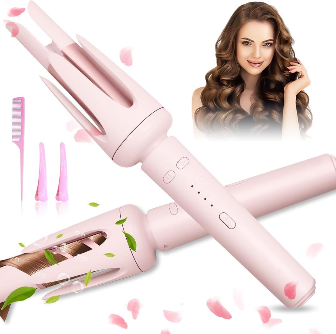 Auto Hair Curler with 3 Temperature Settings, Automatic Curling Iron for Long Hair with Anti-Scald, Anti-Tangle Rotating Curling Wand for Hair Styling, Pink