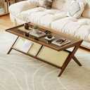 Bamworld Mid-Century Modern Coffee Table with Glass Top Rattan Center Table with Storage for Living Room Table Brown