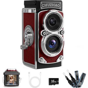 CHUZHAO Mini Retro Digital Camera - Vintage TLR Style Point and Shoot Auto Focus Vlogging Camera, Compact & Portable, 16GB Card Included, Ideal for Beginners, Teens, Adults Red