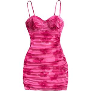 SOLY HUX Women's Summer Floral Corset Dress Spaghetti Strap Ruched Mesh Bodycon Vacation Mini Dresses (Medium, Hot Pink)
