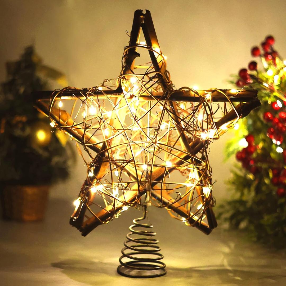 Christmas Tree Topper Star,Rattan Christmas Tree Topper with 50 LED Light,10 Inch Warm White Light Rustic Star for Christmas Tree Decoration Holiday Farmhouse Decor Battery & USB Powered