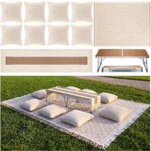 12 Pcs Extra Large Outdoor Boho Picnic Blanket 91'' x 71'' Folding Camping Table Beige White Table Runner 8 Throw Pillow with Pillow Cores Woven Cotton Yarn for Camping Garden Beach Wedding