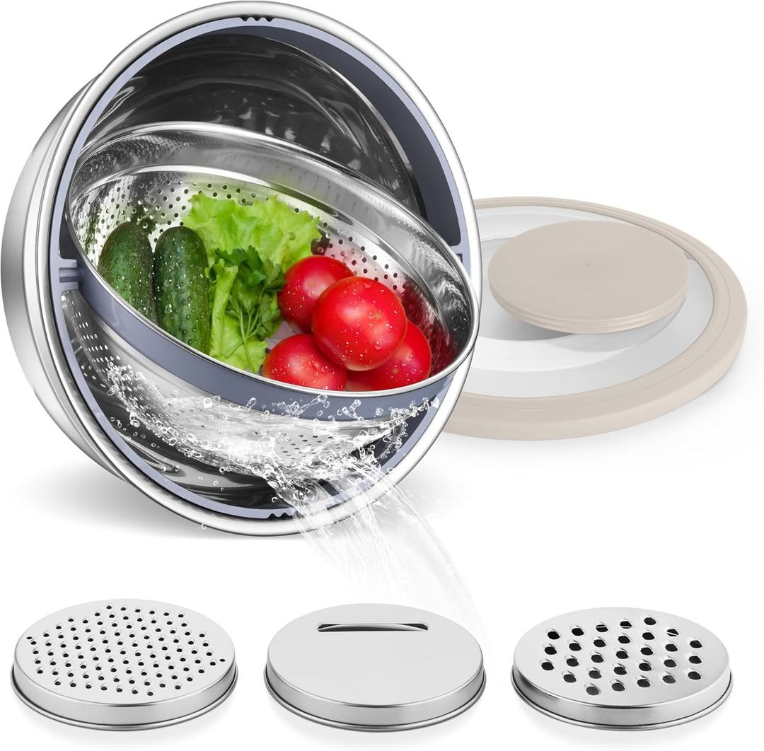 E-far Colander with Mixing Bowl Set, 4-1 Stainless Steel Colander Strainers Bowl with Graters for Kitchen, Rotatable Food Strainer Bowl for Rinsing Fruits Vegetables/Draining Pasta - Khaki