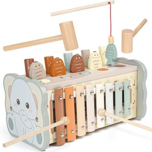 Joyreal Wooden Montessori Toys for 1 Year Old - Hammering Pounding Toy with Xylophone & Fishing Game - Educational Toddler Activities for 1 2 3 Year Old Christmas Birthday Gifts