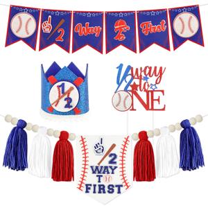 Baseball 1/2 Birthday Decorations Kit - Includes 1/2 Way to First Banner, High Chair Garland, Cake Topper, Soft Crown & Photo Backdrop for 6-Month Rookie Party