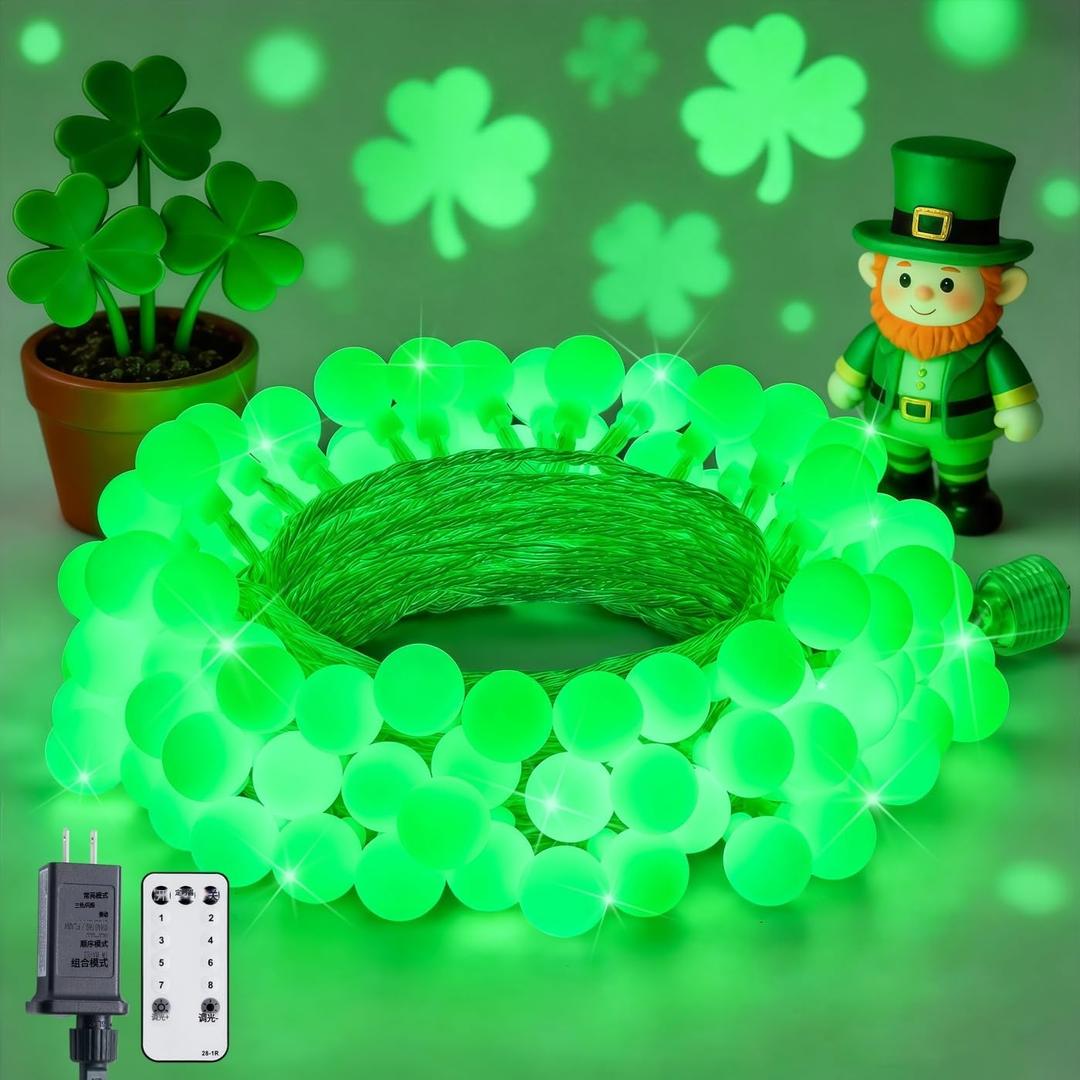 JMEXSUSS Connectable 100 LED Globe String Lights Indoor, 33ft 8 Modes Christmas String Light Plug in, Green Lights Outdoor for Room Bedroom Patio Deck Party St. Patrick's Day Decorations