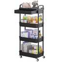 Calmootey 4-Tier Rolling Utility Cart with Drawer,Multifunctional Storage Organizer with Plastic Shelf & Metal Wheel,Storage Cart for Kitchen,Bathroom,Living Room,Office,Black