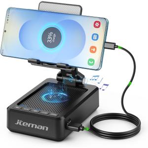 JTEMAN Cell Phone Stand with Bluetooth Speaker and Charging Function, HD Sound Adjustable Phone Holder, Birthday Gifts for Men Women, Cool Tech Kitchen Gadgets for All Phones, Tablet (Black)