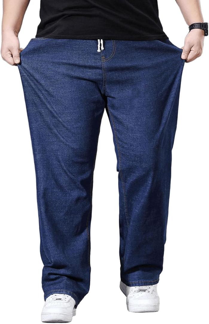 Plus Size Baggy Jeans for Men Elastic Waist Pull On Denim Pants Drawstring Straight Loose Jean Sweatpants  (Navy, XL)