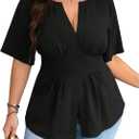 GORGLITTER Women's Plus Size Peplum Tops Short Sleeve V Neck Asymmetrical Blouse Shirts Summer Going Out Tops 2025 (XX-Large Plus, Black)