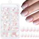 LoveOurhome 144pc Short Square Press on Nails Fake Nails Ombre Glue on Nails White Pink Ombre Pink Press on Nail Short False Nail Women Artificial Fingernails with Glue Adhesive Tabs