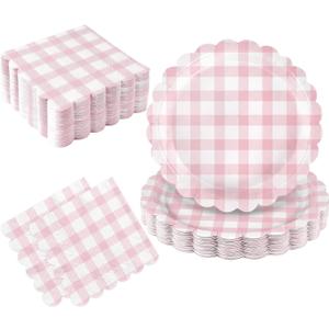 Oigco 50 Pcs Pink Plates and Napkins, Disposable Light Pink Scalloped Paper Plates & Napkins for Wedding Bridal Shower Birthday Baby Shower, Serves 25