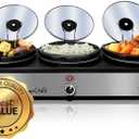 MegaChef Triple 2.5 Quart Slow Cooker and Buffet Server in Brushed Silver and Black Finish with 3 Ceramic Cooking Pots and Removable Lid Rests