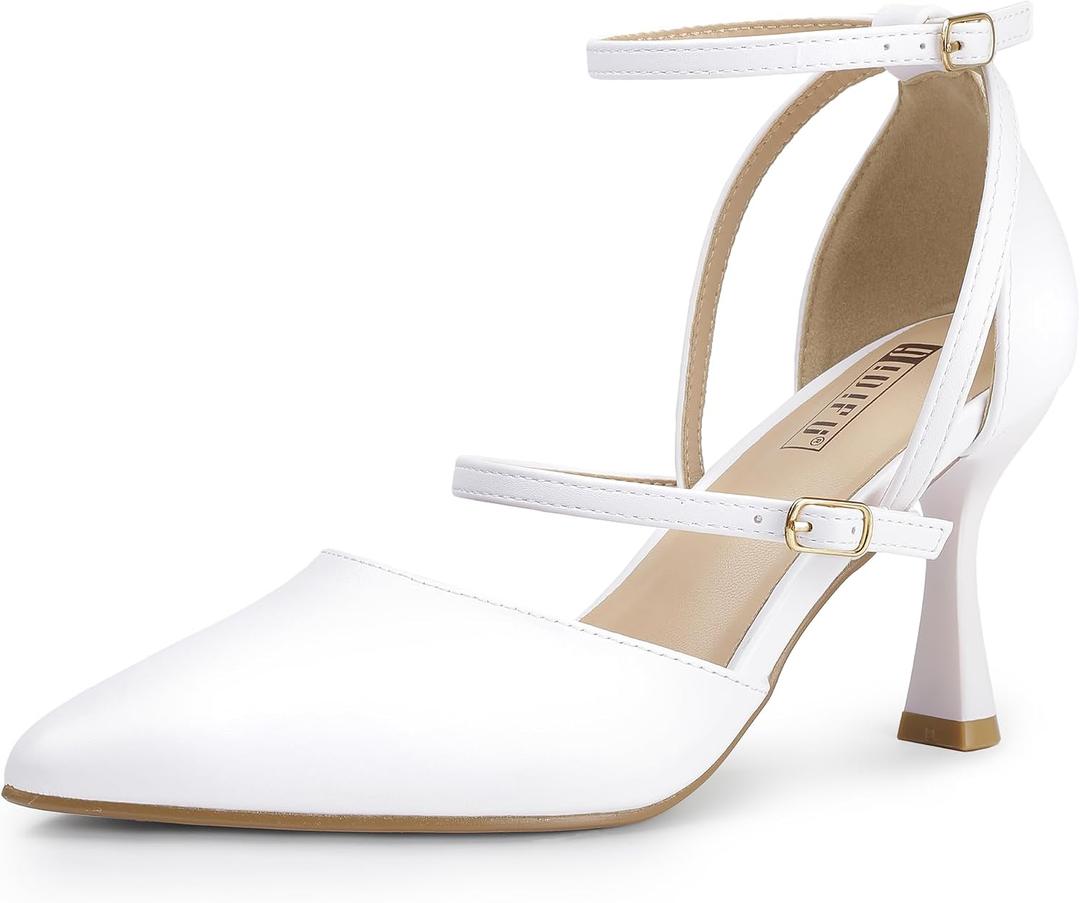 IDIFU IN3 Closed Toe Heels Women's Pumps Strappy High Pointed Toe Kitten Medium Heels Wedding Prom Work Office Dress Shoes for Women Dressy Comfortable Ankle Strap Pumps Shoes Size 7