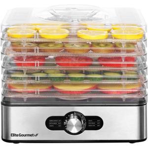 Elite Gourmet EFD3321 Food Dehydrator, Stainless Steel Trays Adjustable Temperature Controls, Jerky, Herbs, Fruit, Veggies, Dried Snacks, Stainless Steel