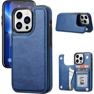 Wallet Case Compatible with iPhone 13 Pro Max,Slim Protective case with Card Holder,PU Leather Kickstand Card Slots Case with 1 Screen Protective Glass for iPhone 13 Promax(6.7")-Deepblue