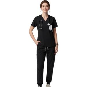 Scrubs for Women Set, Stretchy Breathable Nurse Scrub Top with Pockets for Hospital Dental Clinic Spa (Large, Black)