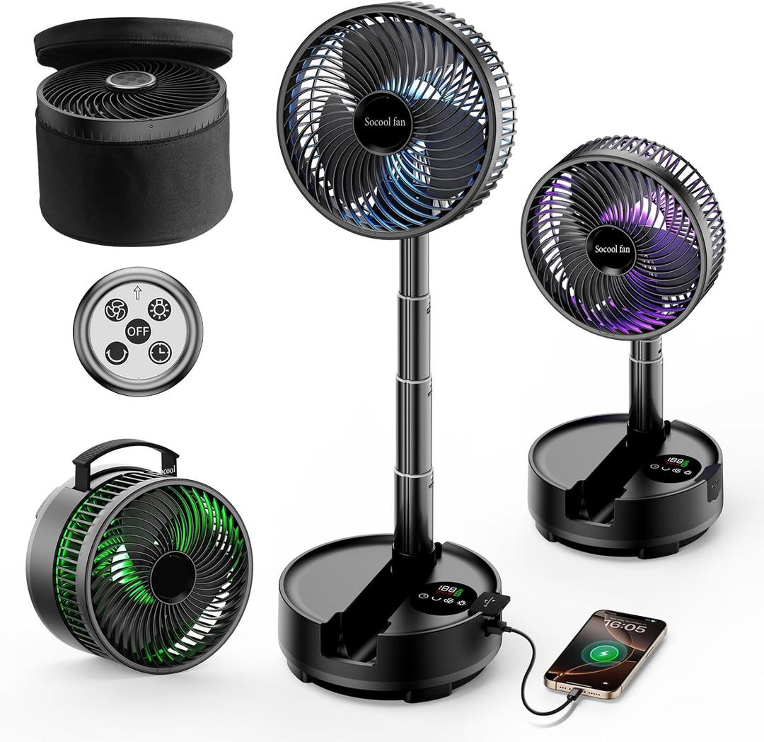 Socool 20000mAh Portable Fan Foldable Wireless Battery Rechargeable with 8-Speed & 112H, 90 Osciliating Floor Standing Fan Remote, Desk Fan with 8H Timer & LED Light for Home Kitchen Travel Camping