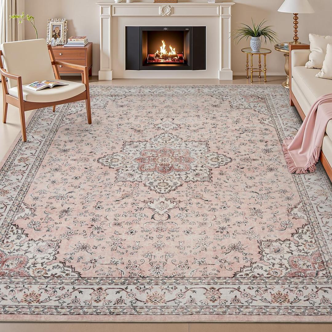 Washable Area Rug 6x9 - Rugs for Living Room Bedroom Non Slip Low Pile Floor Carpet Ultra Soft Vintage Rug for Dining Room Playroom Home Indoor Pink