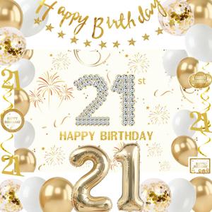 2 x 21st Birthday Decorations for Her Women, Champagne Gold 21 Bday Party Decor | 21st Birthday Banner Backdrop, Large Number 21 Balloon, Hanging Swirls, 21 Bday Party Balloons for Women