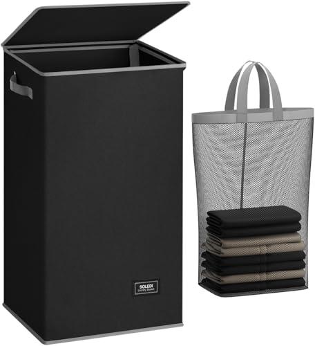 SOLEDI Laundry Hamper Black with Lid and Removable Bag - 100L Large and Tall Laundry Basket Collapsible with Handle for Clothing and Toys Storage - Dirty Clothes Hamper for Bedroom, bathroom, dorm