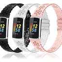 3-Pack Sport Bands Compatible with Fitbit Charge 6/ Charge 5 for Women, Lace Silicone Slim Narrow Thin Rose Hollowed-out Replacement Strap Wristband(Black/White/Sand Pink)