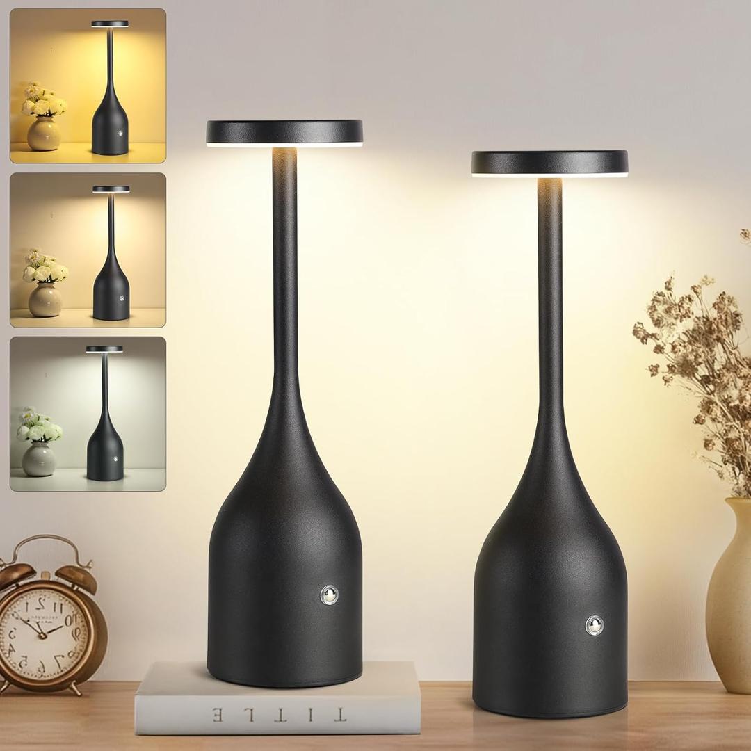 Rechargeable Table Lamps Cordless 2 Pack, 5000mAh Battery Operated LED Table Light,3-Color Stepless Dimming Portable Table Light Waterproof for Bedroom/Couple Dinner/Desk(Black)