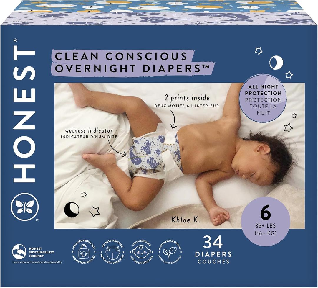 The Honest Company Clean Conscious Overnight Diapers for Sensitive Skin Hypoallergenic Fragrance-Free Baby Cozy Cloud and Star Signs Design Club Box Size 6 (35 lbs) 34 Count