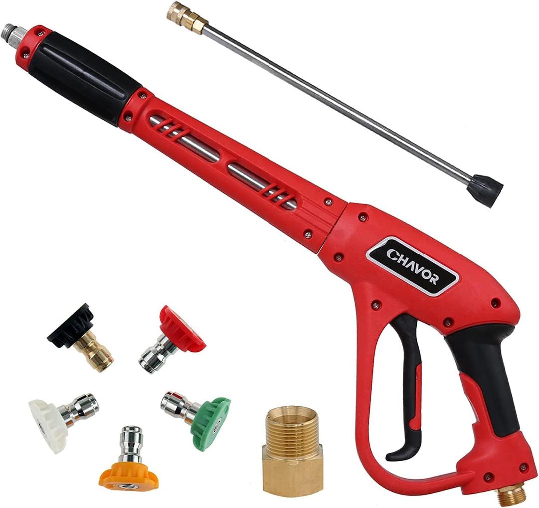 Pressure Washer Gun with Replacement Extension Wand, Upgraded Power Washer Gun with 5 Spray Nozzle Tips, M22 Fitting, 37 Inch, 3000 PSI (Red)