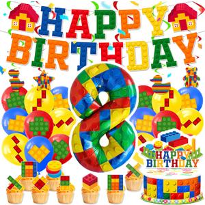 8th Birthday Decorations  Building Blocks Birthday Decorations 8 Year Old Boy  Party Kit: Number 8 Balloon, Banner, Cupcake & Cake Toppers, Balloons  Brick Theme Party Supplies for Boys 8 Years Old