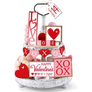 Jetec 12 Pcs Valentine's Day Tiered Tray Decor Set Heart Wooden Sign Rustic Farmhouse Decor Love Tiered Tray Decorative Signs for Valentine's Day Table Holiday(Red, Pink)