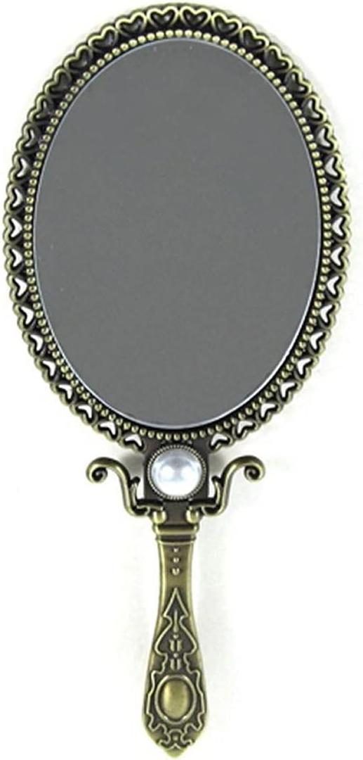 SEHAMANO Vintage Double Sided Handheld Makeup Metal Mirror/Decorated with Pearl/Folding Handle/Portable and Durable Hand Mirror (Matt Gold (Brass))