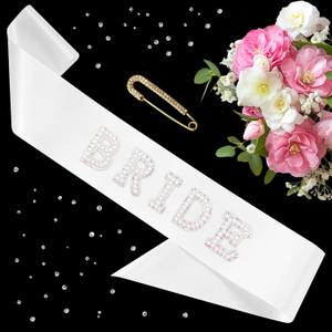 Pearl Bride Sash - 2PCS White Bachelorette Sash With Pin for Bachelorette Party Decorations - Bachelorette Party Sash for Bridal Shower Decorations Bridal Shower Gift Bride to Be Decorations