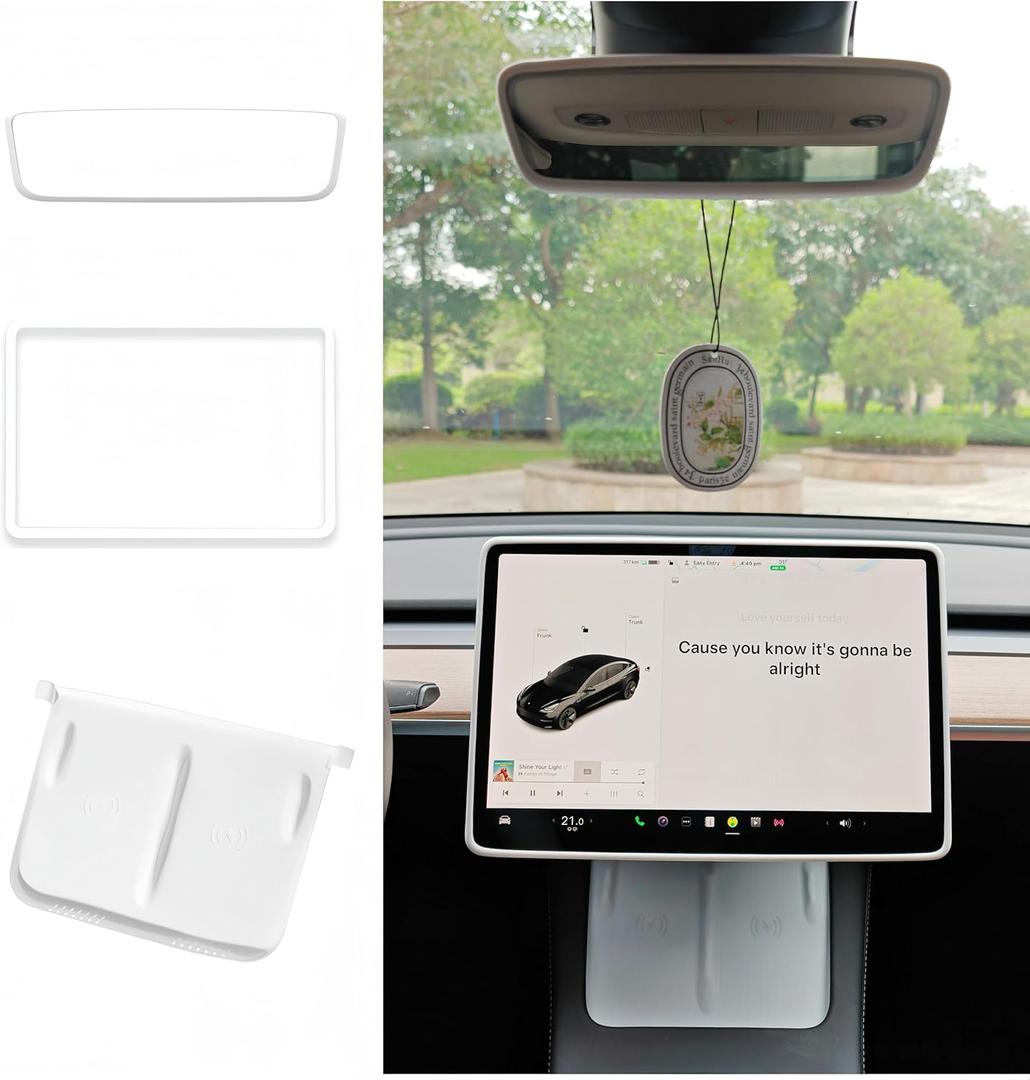 Tesla Model 3 Model Y Accessories of Screen Protector Frame + Center Console Wireless Charging Silicone Pad + Interior Rear View Mirror Cover 3pcs 3in1 (White)