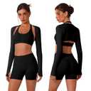 ABOCIW 2 Piece Workout Sets for Women Seamless Halter Sports Bra High Waist Biker Shorts Long Sleeve Bolero with Thumb Hole (M)