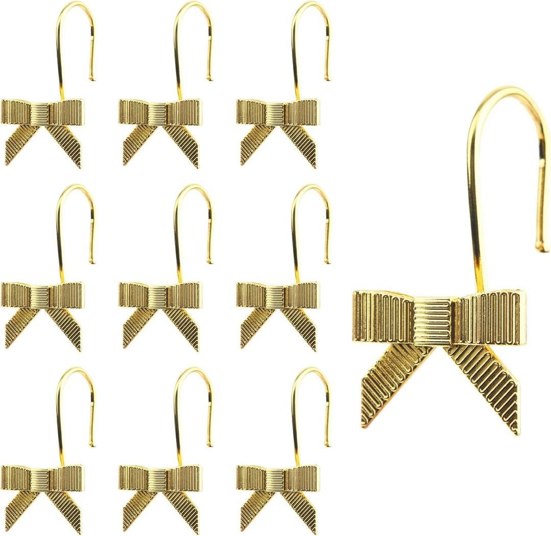 12pcs Bow Knot Shower Curtain Hooks, Decorative Bowknot Bathroom Curtain Rings Cute Metal Bow Hangers for Bathroom Baby Bath Room Nursery Art Decor (Gold)