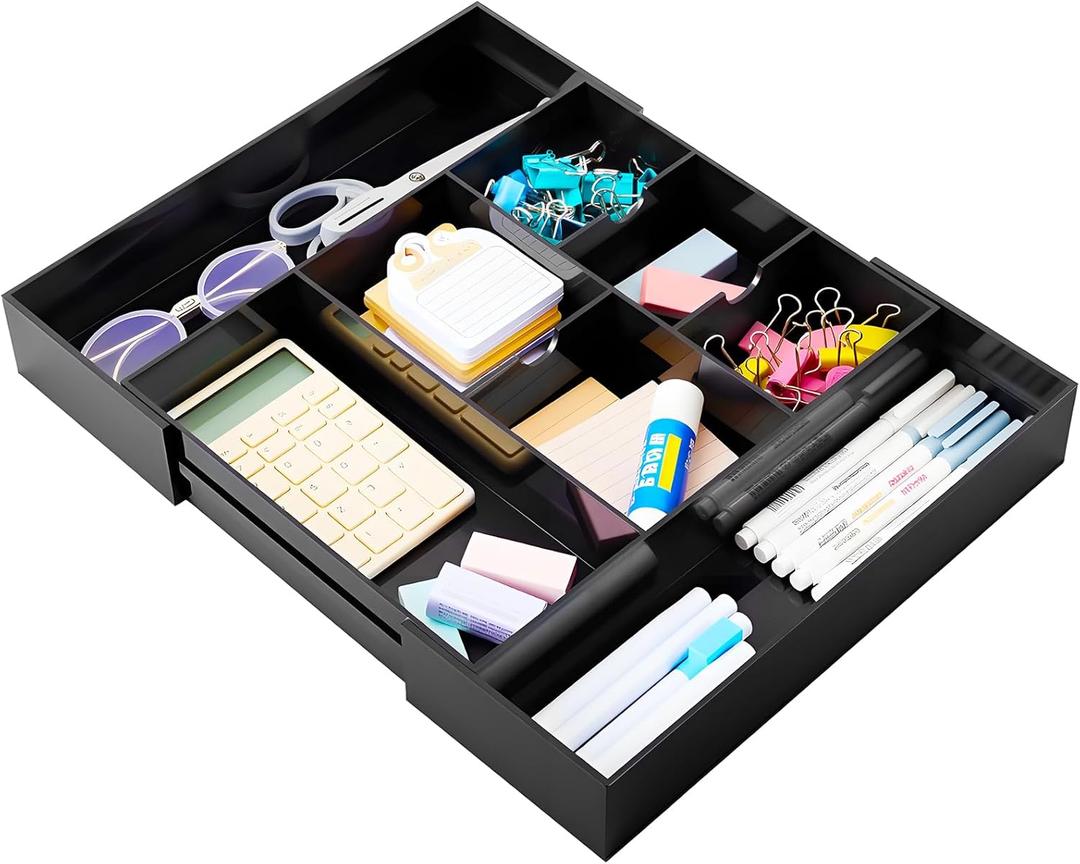 Briwooody 1 Pcs Acrylic Desk Drawer Organizer 9'' up to 18'' x 12'' x 2.1'' Expandable Drawer Organizer Trays with 8 Adjustable Compartments Black Desk Accessories for Makeup Office Bathroom (Vintage)