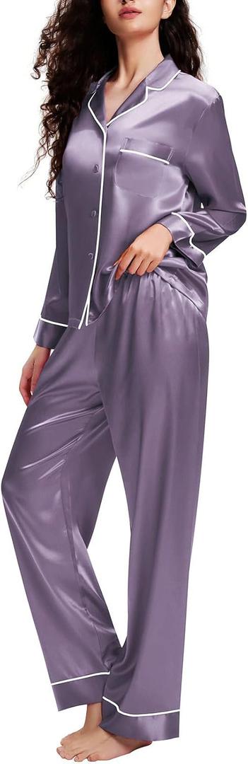 Lonxu Silk Satin Womens Pajama Sets Button Down Sleepwear Loungewear (Gray, M)