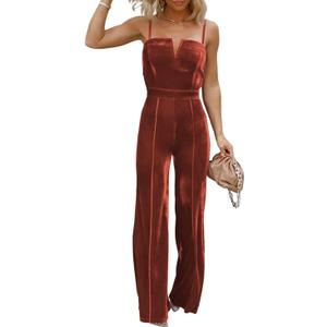 BLENCOT Sleeveless Velvet Jumpsuits For Women V Neck Spaghetti Straps Wide Leg Long Pants Dressy Rompers Winter Overalls S-XL (Large, Flamingo)
