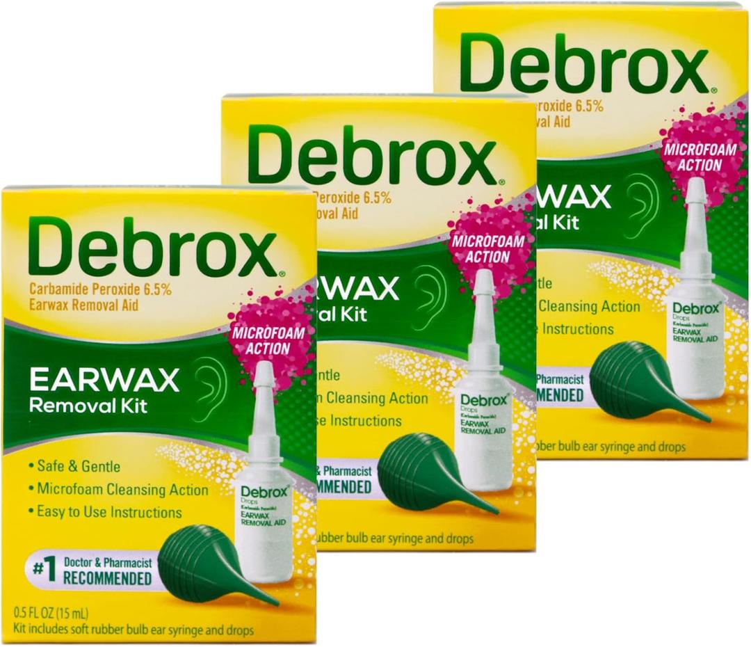 Debrox Earwax Removal Kit | Includes Drops and Ear Syringe Bulb | 0.5 Oz Each | Pack of 3 (EXP 03/2027)